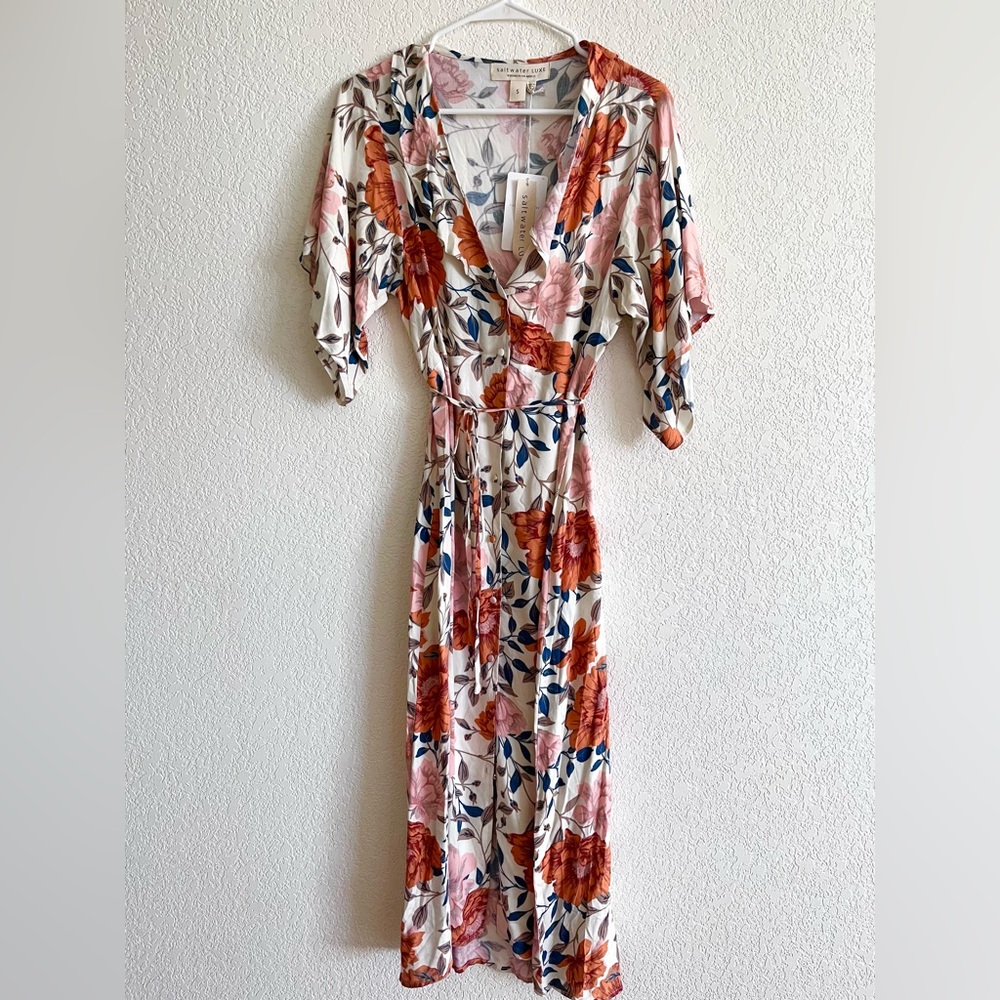 Saltwater Luxe • orange floral button down midi dress